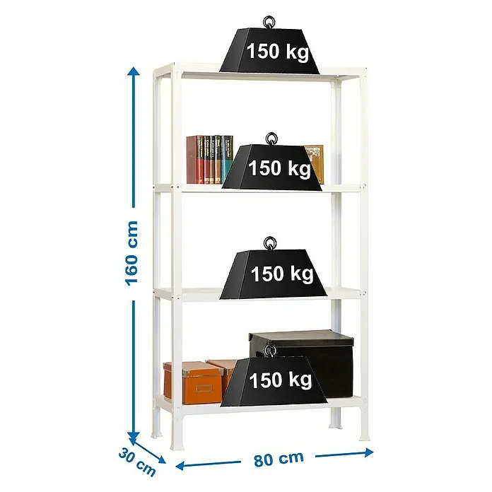 Simonrack Simonhome Metallregal Click Metall Mini - H x B x T: 160 x 80 x 30 cm, Traglast pro Boden: 150 kg, Anzahl Böden: 4 Stk., Stecken, Weiß/Weiß - Bild eines weißen Metallregals mit vier Ebenen, belastet mit Gewichten, die jeweils 150 kg anzeigen, und mit Dimensionsangaben versehen.