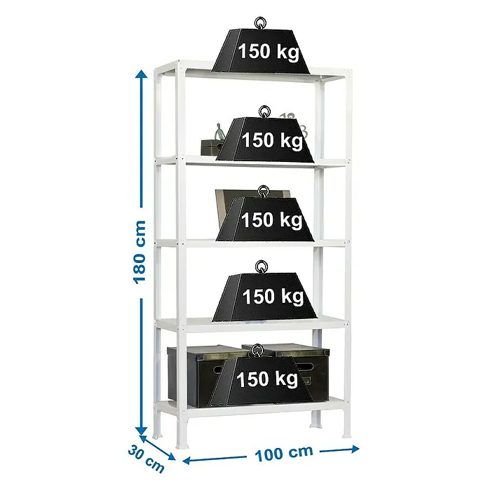 Simonrack Simonhome Metallregal Click Metall Plus - H x B x T: 180 x 100 x 30 cm, Traglast pro Boden: 150 kg, Anzahl Böden: 5 Stk., Stecken, Weiß/Weiß - Das Bild zeigt ein weißes Regal mit fünf Ebenen, wobei jede Ebene mit einem Gewicht von 150 kg belastet ist und die Maße angegeben sind.