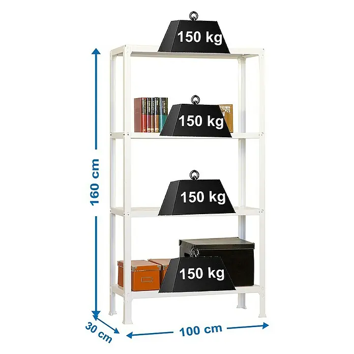 Simonrack Simonhome Metallregal Click Metall Plus - H x B x T: 160 x 100 x 30 cm, Traglast pro Boden: 150 kg, Anzahl Böden: 4 Stk., Stecken, Weiß/Weiß - Weißes Regal mit vier Ebenen und Gewichten zur Darstellung der Tragfähigkeit. Abmessungen sind 160 cm Höhe, 100 cm Breite und 30 cm Tiefe.