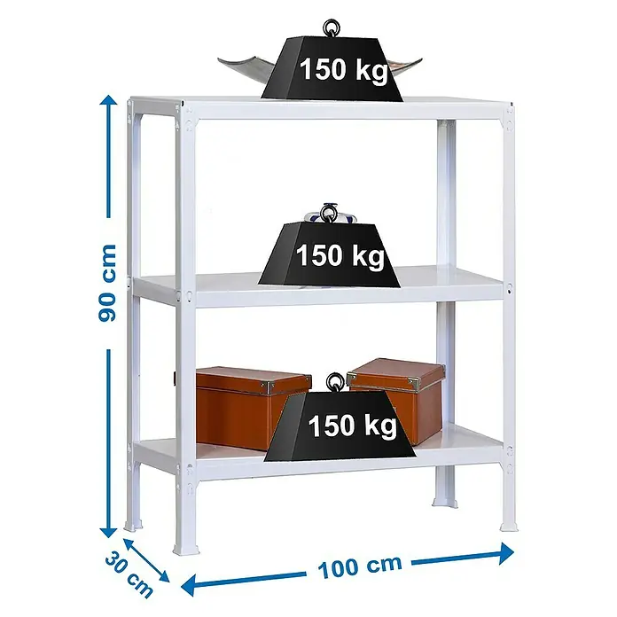 Simonrack Simonhome Metallregal Click Metall Plus - H x B x T: 90 x 100 x 30 cm, Traglast pro Boden: 150 kg, Anzahl Böden: 3 Stk., Stecken, Weiß/Weiß - Produktabbildung eines weißen Regals mit drei Ebenen, das jeweils mit 150 kg belastbar ist. Die Maße sind deutlich angegeben.