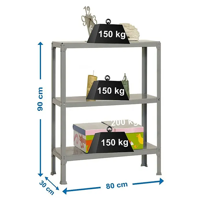 Simonrack Simonhome Metallregal Click Metall Mini - H x B x T: 90 x 80 x 36 cm, Traglast pro Boden: 150 kg, Anzahl Böden: 3 Stk., Stecken, Grau/Grau - Das Bild zeigt ein graues Metallregal mit drei Ebenen und darauf platzierten Gegenständen, deren Gewicht durch Gewichte symbolisiert wird.