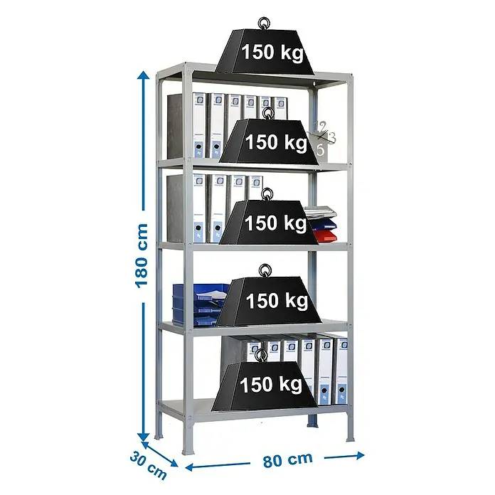 Simonrack Simonhome Metallregal Click Metall Mini - H x B x T: 180 x 80 x 36 cm, Traglast pro Boden: 150 kg, Anzahl Böden: 5 Stk., Stecken, Grau/Grau - Ein graues Metallregal mit fünf Ebenen ist mit 150 kg schweren Gewichten auf jeder Ebene belastet, um seine Tragfähigkeit zu demonstrieren.
