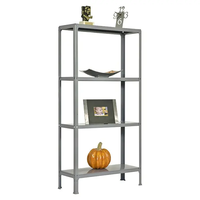 Simonrack Simonhome Metallregal Click Metall Mini - H x B x T: 160 x 80 x 36 cm, Traglast pro Boden: 150 kg, Anzahl Böden: 4 Stk., Stecken, Grau/Grau - Silbernes Bücherregal mit vier Ebenen, auf denen ein Kürbis, ein Foto, eine Schale und zwei Dekorationen stehen.