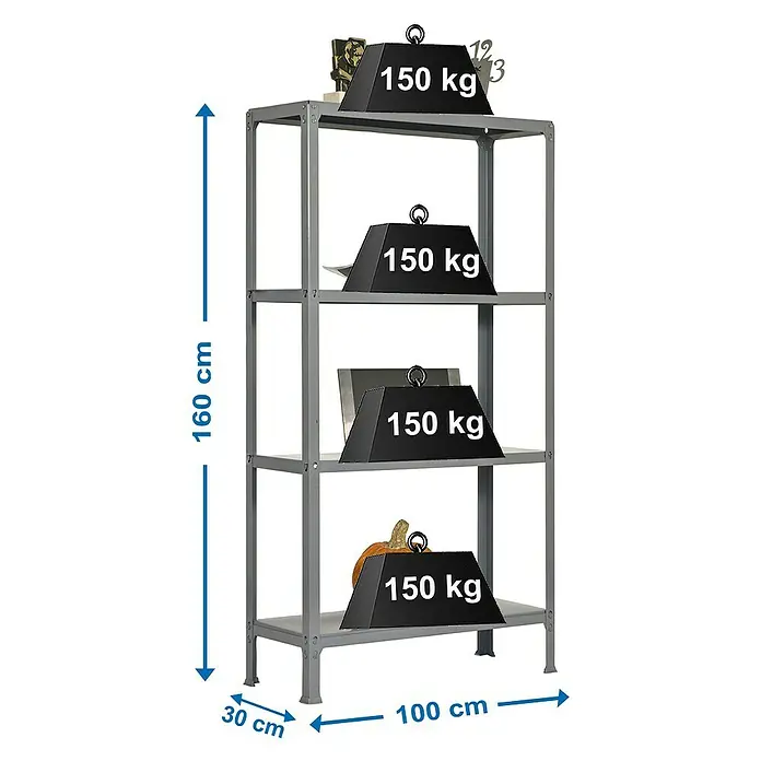 Simonrack Simonhome Metallregal Click Metall Plus - H x B x T: 160 x 100 x 36 cm, Traglast pro Boden: 150 kg, Anzahl Böden: 4 Stk., Stecken, Grau/Grau - Das Bild zeigt ein graues, vierstöckiges Metallregal mit den Maßen 160 cm Höhe, 100 cm Breite und 30 cm Tiefe.