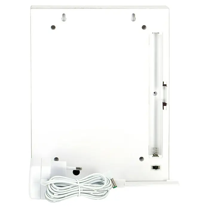 Konstsmide LED-Weihnachtsdekoleuchte Fotorahmen antik - 17,5 x 5 x 22 cm, Altweiß, Batteriebetrieben, LED - Rückansicht eines weißen LED-beleuchteten Spiegelschranks mit Stromkabel und Befestigungslöchern für die Wandmontage.
