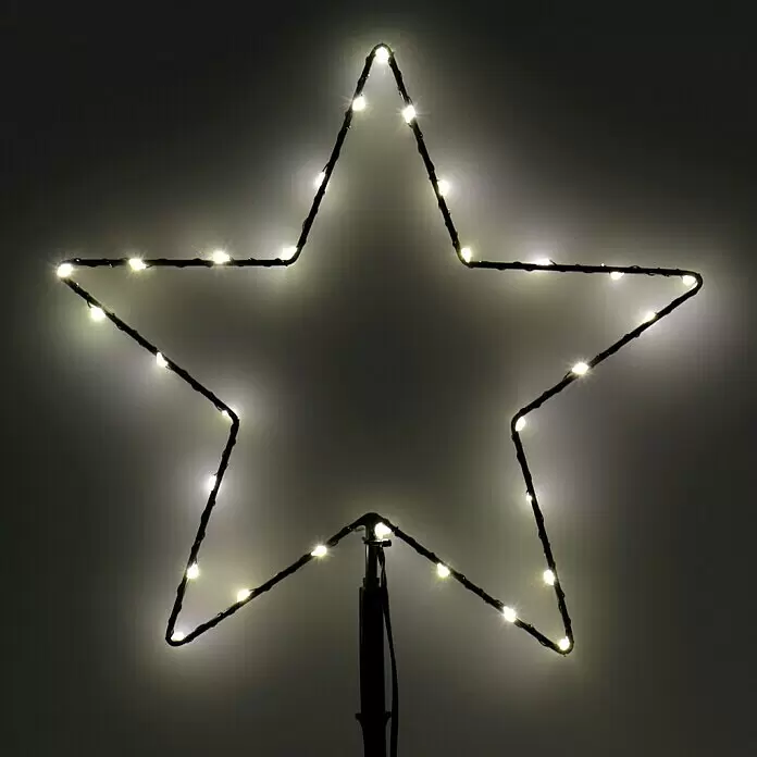 LED-Gartenstecker Sterne 3er-Set - Schwarz, Warmweiß, Außen - Beleuchtete Sternendekoration mit warmweißen LED-Lichtern auf dunklem Rahmen, auf Ständer montiert.