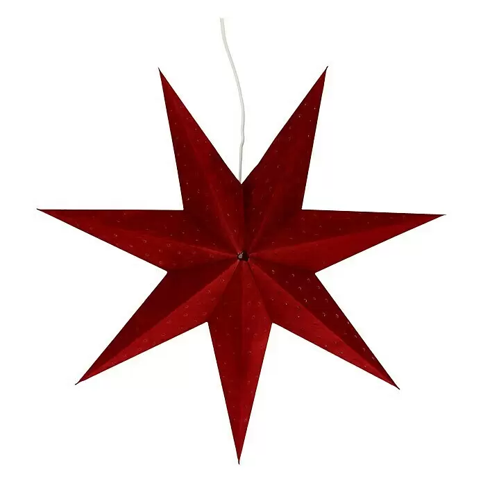 Markslöjd LED-Stern Clara - 45 cm, Rot, IP20, Netzbetrieben - Eine texturierte rote Papiersternlaterne mit sieben Zacken, die an einer Schnur hängt.