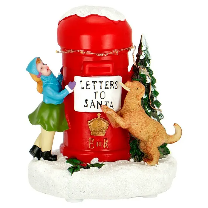 Konstsmide LED-Weihnachtsdekoleuchte Mailbox with Girl - 12 x 13,5 x 16 cm, Bunt, Batteriebetrieben, LED - Eine festliche Figur mit einem roten Briefkasten, der mit Schnee bedeckt ist, einem Mädchen und einem Hund, die Weihnachtszauber verbreiten.