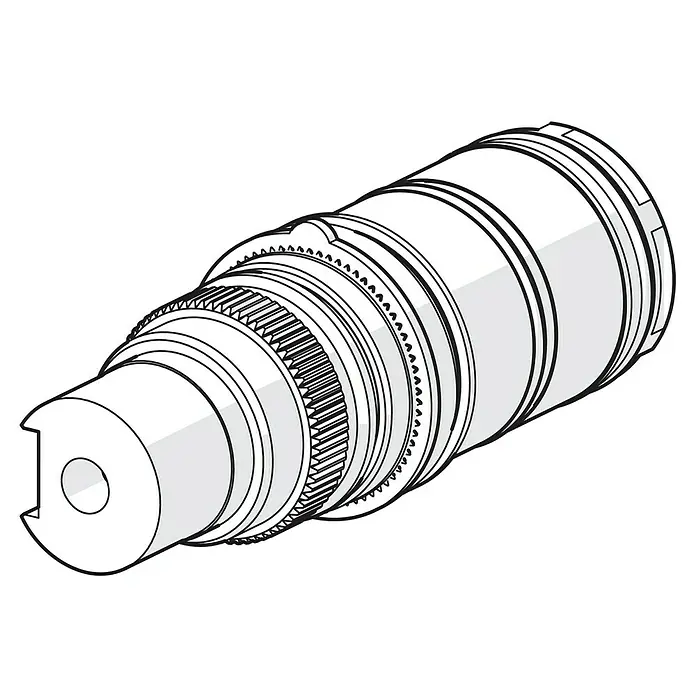 Hansa Temperaturreglereinheit Prisma/Tempra/Twister - Passend für: Hansa Tempra Unterputzsystem - Schwarz-weiße Darstellung eines Maschinenteils mit verschiedenen Durchmessern und Verzahnungen. Ideal für technische Zeichnungen.