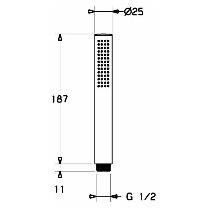 Hansa Stilo Handbrause - Anzahl Funktionen: 1 Stk., Durchmesser: 2,5 cm, Chrom - Technische Zeichnung einer Duschbrause mit Maßangaben. Länge 187 mm, Durchmesser 25 mm, Anschluss G 1/2, Gewindelänge 11 mm.