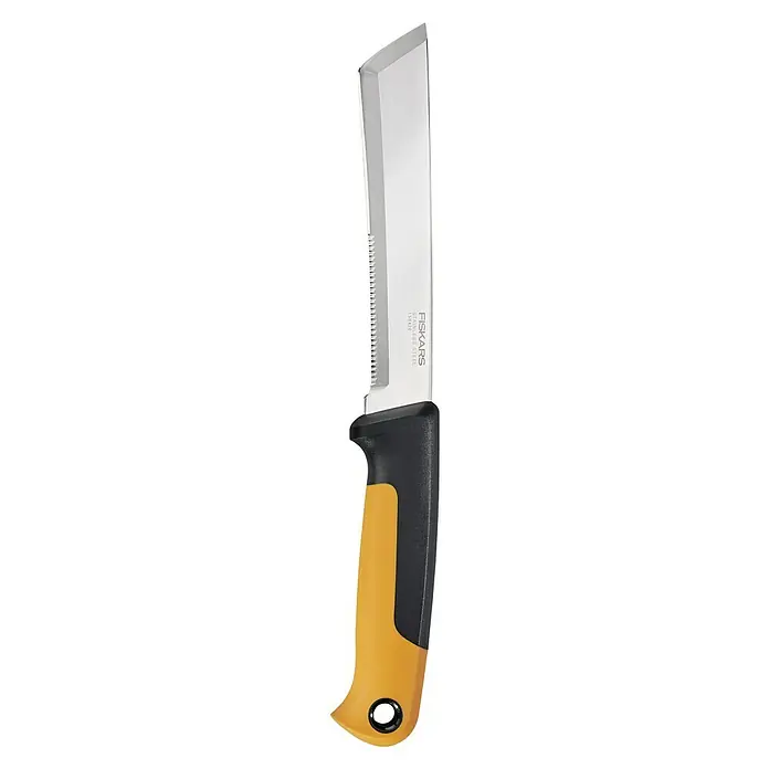 Fiskars X-series Erntemesser K82 - Länge: 27,7 cm - Nahaufnahme eines Fiskars-Messers mit silberner Klinge und gelb-schwarzem Griff, ideal für Outdoor-Aktivitäten und Camping.