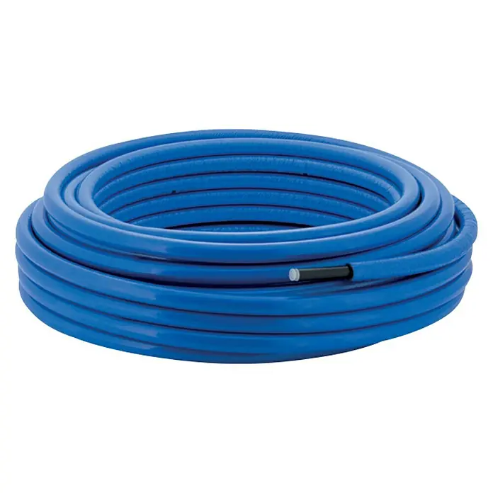 Geberit Mepla Alu-Verbundrohr Vorisoliert 603.135.00.1Durchmesser: 26 mm, Länge: 25 m - Eine blaue Heizungsleitung, aufgerollt und mit einem schwarzen Kabel darin, ideal für Heizsysteme.