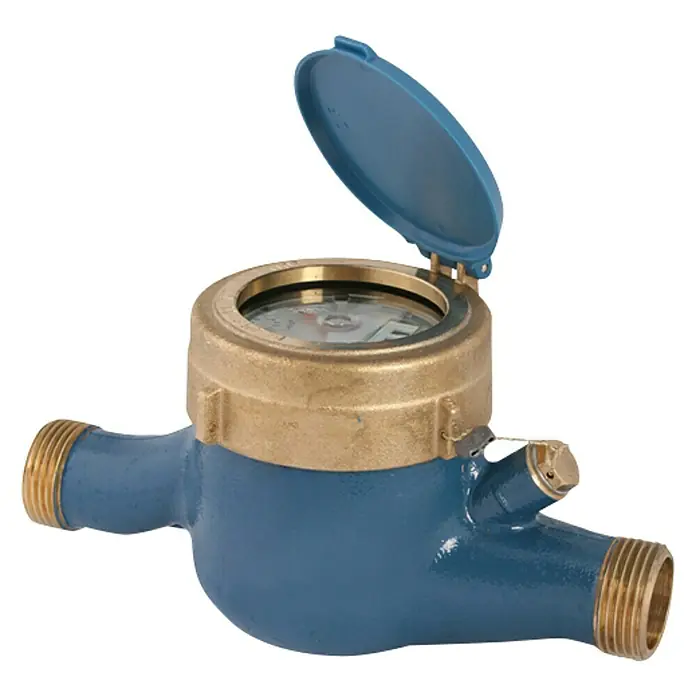 Wohnungswasserzähler - Größe Anschluss: ¾″, Nenndurchfluss Qn: 4 m³/h - Ein blaues Wasserzählergerät mit Messingakzenten und geöffnetem Deckel, das die Ablesung des Wasserverbrauchs ermöglicht.