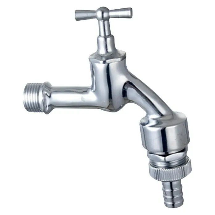 Auslaufventil - ½″, Rückflussverhinderer, Chrom - Verchromter Wasserhahn mit T-Griff und Schlauchanschluss.