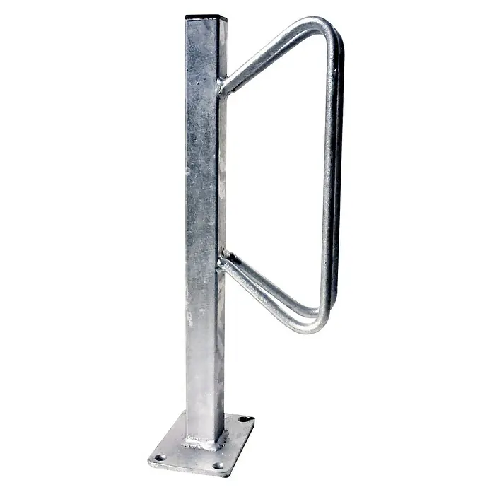 Schake Fahrradständer - Höhe: 500 mm, 1 Bügel, Bodenmontage - Nahaufnahme einer silbernen Fahrradständer-Konstruktion mit rechteckigem Metallpfosten und gebogenem Bügel, ideal für sicheres Abstellen.