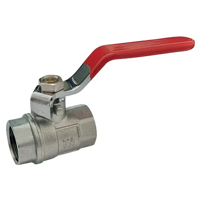 Kugelhahn PN 16 - ½″, Messing - Kugelhahn mit rotem Griff und Gewindeanschluss, ideal für Sanitär- und Heizungsinstallationen. Robuste Ausführung für zuverlässige Absperrung.
