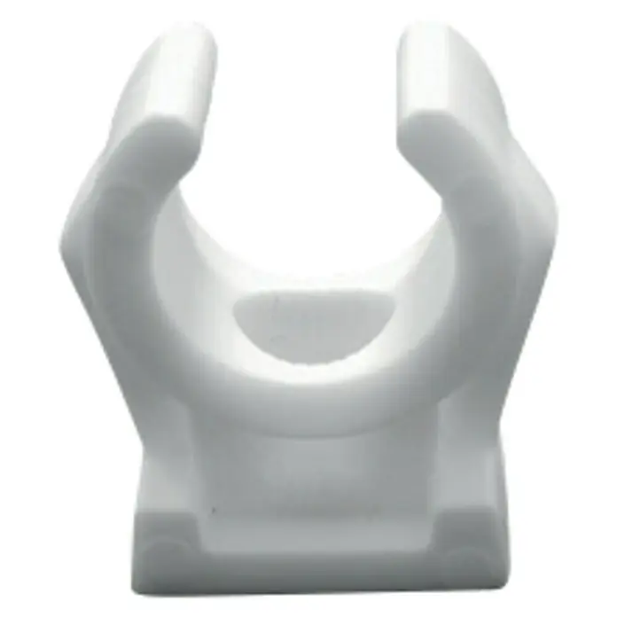 Rohrclip - Durchmesser: 12 mm, Kunststoff - Nahaufnahme einer weißen Rohrschelle, die zur Befestigung von Rohren dient und eine sichere Installation gewährleistet.