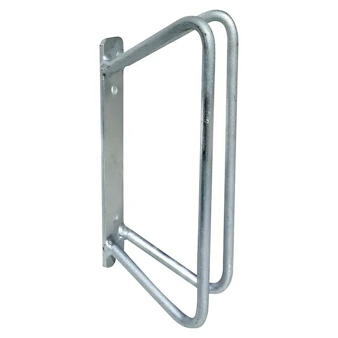 Schake FahrradständerHöhe: 275 mm, 1 Bügel, Wandmontage - Nahaufnahme eines silbernen, verzinkten Fahrradständers zur Wandmontage, perfekt für die platzsparende Fahrradaufbewahrung.