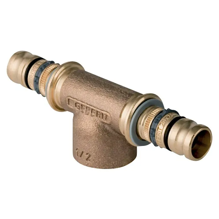 Geberit Mepla Press-T-Stück 603.360.00.5Durchmesser: 26 mm, Innengewinde: ½″ - Abzweigfitting aus Messing von Geberit für Sanitärinstallationen, ideal für zuverlässige Rohrverbindungen im Hausbau.