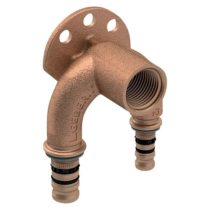 Geberit Mepla Press-Doppel-Anschlusswinkel 602.275.00.5 - Innengewinde: ½″, 20 x 16 mm - Geberit Installationswinkel aus Bronze mit Flansch und Gewindeanschluss, ideal für Sanitärinstallationen.