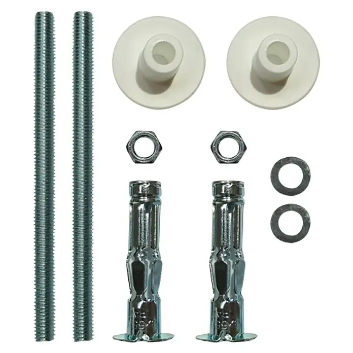 Waschtischbefestigung - 2 Stk., Hohlraumdübel - Ein Set aus Befestigungsmaterial mit Gewindestangen, Dübeln, Muttern, Unterlegscheiben und Rosetten.