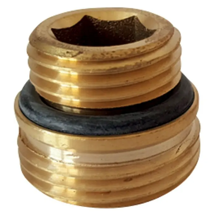 Reduziernippel - ½″ x ¾″, Messing - Nahaufnahme eines goldenen Messingnippels mit Gewinde und einem schwarzen Gummiring zur Abdichtung.