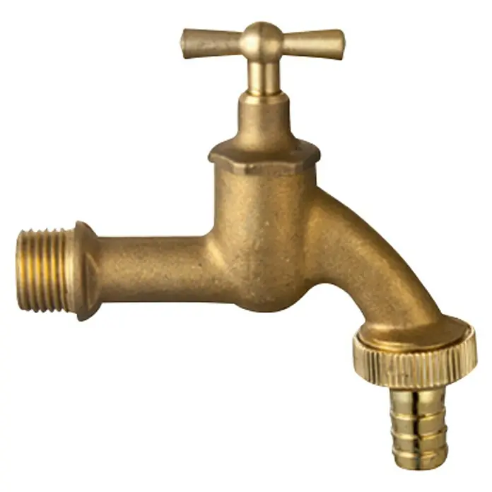 Auslaufventil - ½″, Messing, Blank - Nahaufnahme eines goldenen Wasserhahns mit einem Griff oben und einem Schlauchanschluss unten. Ideal für Garten oder Außenbereich.