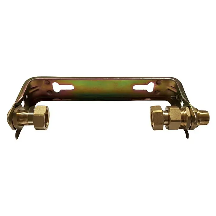 Wasserzähler-Bügel - 1″, Geeignet für: Wasserzähler - Abbildung eines Wasserverteilers mit einem goldenen Metallsockel und zwei goldenen Anschlüssen an den Enden.