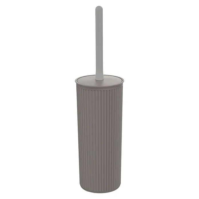 Tatay Baobab Escobillero de suelo - Taupe - Un escobillero de baño gris con soporte. El diseño cilíndrico presenta ranuras verticales y un mango a juego para un baño limpio.