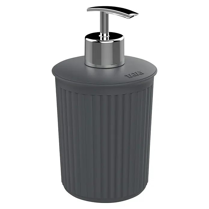 Tatay Baobab Dispensador de jabón - L x An x Al: 76 x 76 x 16 cm, Plástico, Antracita - Moderno dispensador de jabón gris con superficie acanalada y cabezal de bomba cromado para baño o cocina.