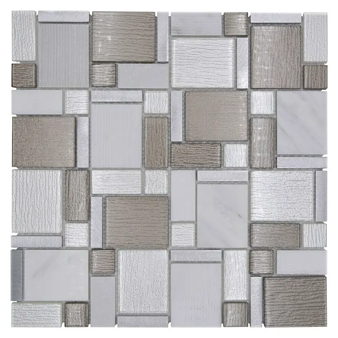 Mosaikfliese Crystal Mix XCM FK01 - 30 x 30 cm, Weiß/Beige, Glänzend - Nahaufnahme einer Mosaikfliese in Grau- und Weißtönen mit verschiedenen Texturen für ein modernes Dekor.