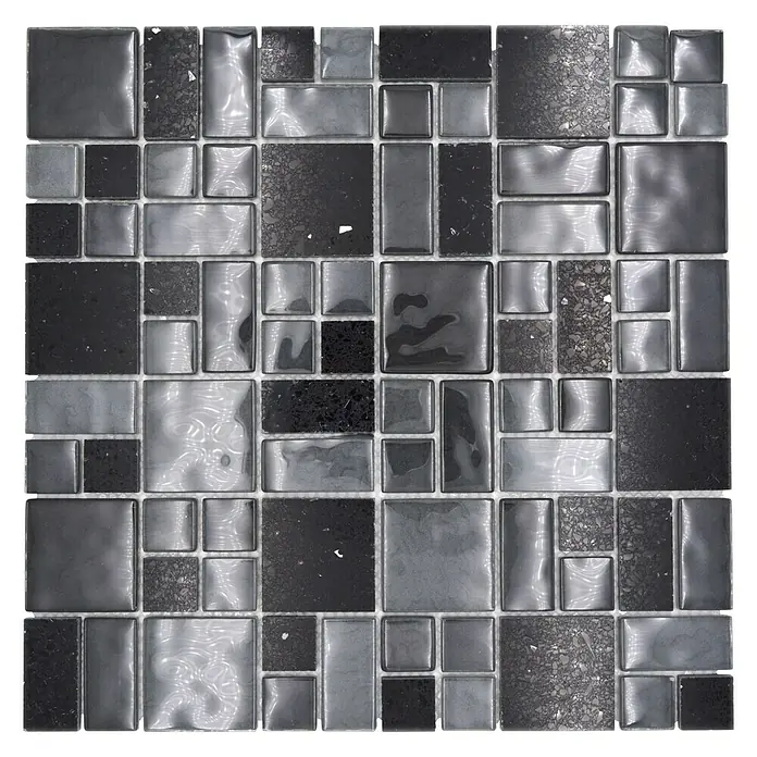 Mosaikfliese Crystal Mix XCM K989 - 29,8 x 29,8 cm, Schwarz, Glänzend - Detailaufnahme von schwarzen und grauen Mosaikfliesen mit glänzender Oberfläche für moderne Innenräume.
