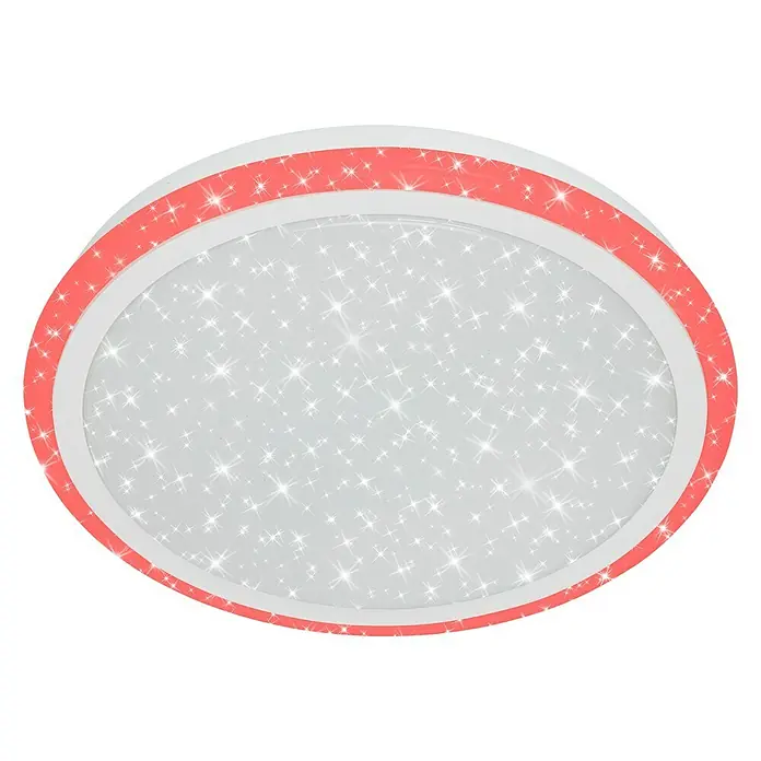 Brilo Plafón LED redondo Edge - 24 W, Ø x Al: 410 x 70 mm, Blanco, RGB - Una lámpara de techo LED ovalada con un marco blanco y un marco exterior rojo vibrante, adornada con estrellas brillantes.