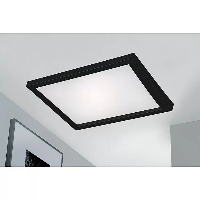 Briloner LED-Panel - 24 W, L x B x H: 44,5 x 44,5 x 8 cm, Schwarz, Warmweiß - Quadratische Deckenleuchte mit schwarzem Rahmen und weißer Leuchtfläche.