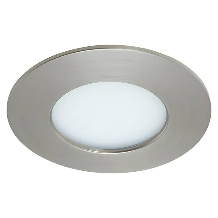 Briloner Downlight empotrable LED redondo Flat - 5 W, Ø x Al: 75 cm x 27 mm, Níquel mate, Blanco neutro - Primer plano de una lámpara de techo LED redonda con marco de níquel cepillado y difusor blanco. Diseño elegante para interiores modernos.