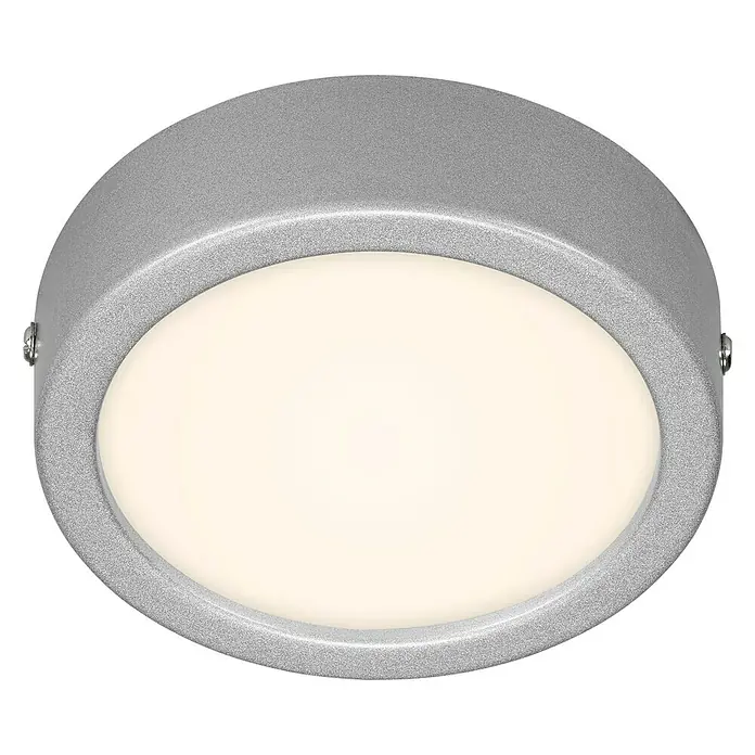 Briloner Plafón LED redondo Fire - Ø x L: 120 mm x 3,2 cm, Cromo - Primer plano de una lámpara de techo LED redonda de color plateado, que irradia un brillo cálido y acogedor.