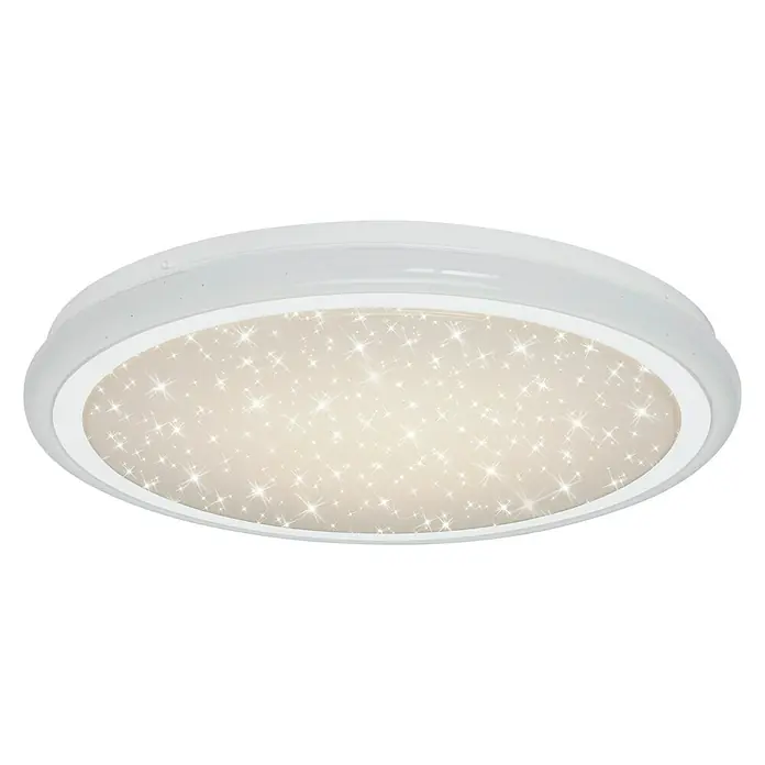 Brilo Plafón LED redondo Edge - 24 W, Ø x Al: 410 x 70 mm, Blanco, RGB - Primer plano de una lámpara de techo redonda blanca con un patrón de estrellas y luz cálida, creando un ambiente acogedor.