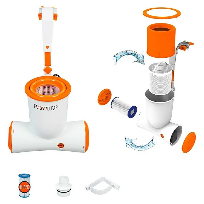 Bestway Flowclear Einhängeskimmer 2 in 1 - 73 W, Filterleistung: 3.974 l/h - Eine Abbildung des Flowclear Poolroboters, der eine automatische Reinigung des Pools ermöglicht.