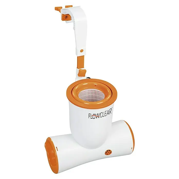 Bestway Flowclear Einhängeskimmer 2 in 1 - 73 W, Filterleistung: 3.974 l/h - Das Bild zeigt ein Flowclear-Poolfilterpumpe in Weiß und Orange, ideal für die Poolreinigung, um sauberes und klares Wasser zu gewährleisten.