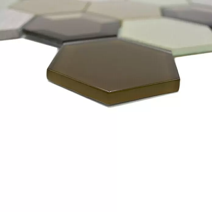Mosaikfliese Hexagon HXN 77 - 26,5 x 30,5 cm, Beige, Glänzend - Glänzende braune sechseckige Fliese, mit verschwommenen neutralen sechseckigen Fliesen.