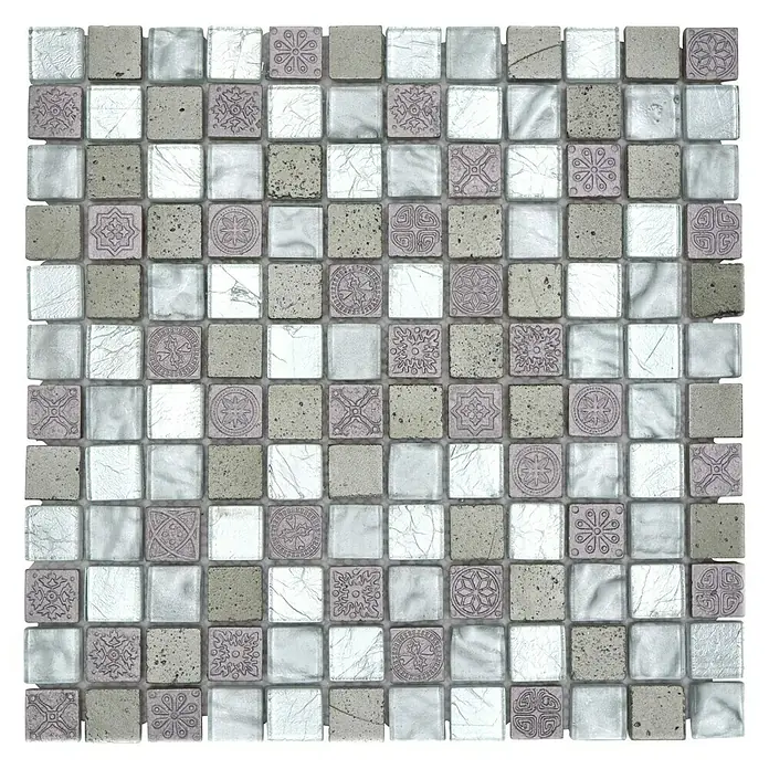Mosaikfliese Quadrat Crystal Mix XCM CB 33 - 30 x 30 cm, Silber, Glänzend - Mosaikfliese mit Mustern in Beige-, Grau- und Silbertönen für stilvolle Wand- und Bodengestaltung.