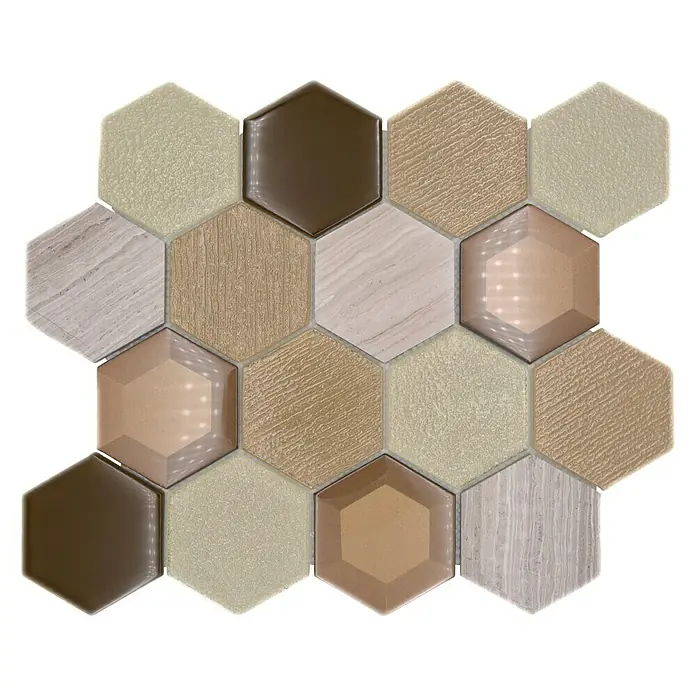 Mosaikfliese Hexagon HXN 77 - 26,5 x 30,5 cm, Beige, Glänzend - Vielfältiges Sechseck-Fliesenmuster mit unterschiedlichen Texturen und Farben in Braun- und Beigetönen für stilvolle Innenräume.