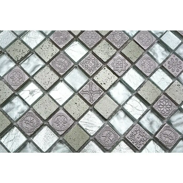 Mosaikfliese Quadrat Crystal Mix XCM CB 33 - 30 x 30 cm, Silber, Glänzend - Hochwertige Mosaikfliesen mit einem Muster aus Glas und Stein für stilvolle Wand- und Bodengestaltung im Innenbereich.