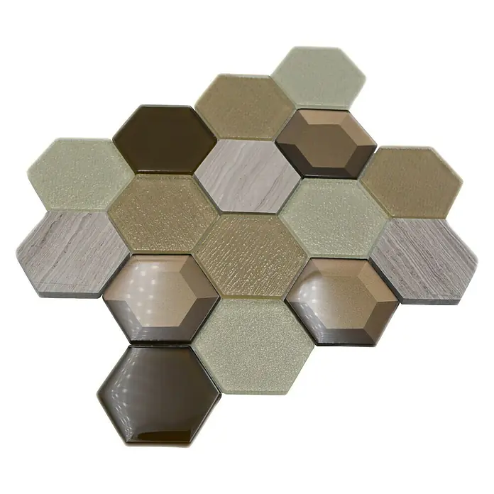 Mosaikfliese Hexagon HXN 77 - 26,5 x 30,5 cm, Beige, Glänzend - Nahaufnahme einer Auswahl von sechseckigen Fliesen in verschiedenen Texturen und Erdtönen auf schwarzem Hintergrund.