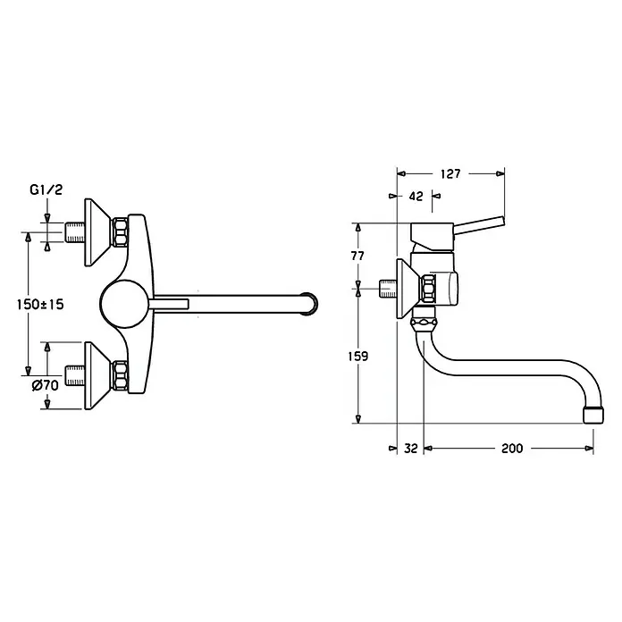 Hansa Vantis Style Spültischarmatur - Chrom, Glänzend - Technische Zeichnung einer Wandarmatur mit Maßangaben für Installation und Design, ideal für detaillierte Installationsplanungen.
