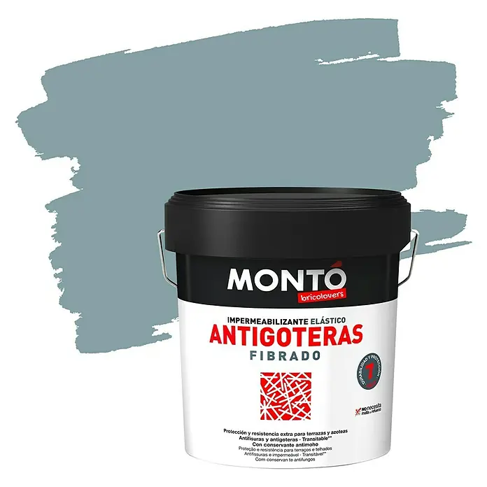Montó Bricolovers Impermeabilizante Antigoteras Fibrado - Gris, 4 l, Mate sedoso - Imagen de un cubo de MONTO Antigoteras Fibrado, un impermeabilizante elástico para proteger terrazas y tejados de fisuras y goteras.