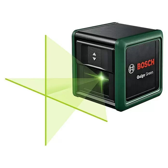 Bosch Kreuzlinienlaser Quigo Green II - Max. Arbeitsbereich: 12 m - Grün-schwarzes Bosch Quigo Green Kreuzlinienlaser, das eine hellgrüne horizontale und vertikale Linie projiziert.