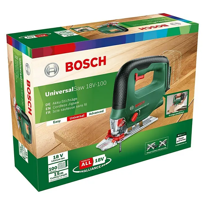 Bosch Power for All 18V Akku-Stichsäge UniversalSaw 18V-100 - 18 V, Ohne Akku, Leerlaufhubzahl: 2.600 /min - Das Bild zeigt eine Verpackung der Bosch UniversalSaw 18V-100 Akku-Stichsäge, ein vielseitiges Werkzeug für diverse Sägearbeiten.