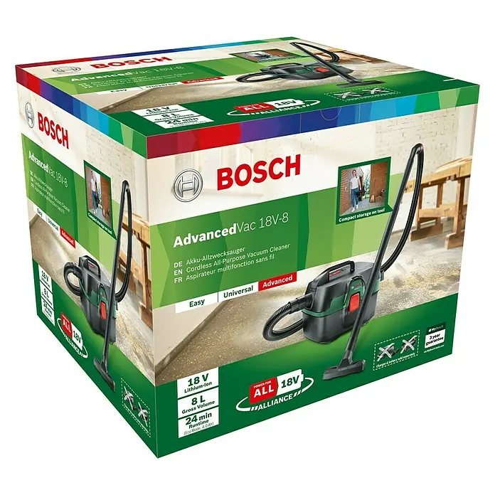 Bosch Power for All 18V Akku-Nass-Trockensauger AdvancedVac 18V-8 - 18 V, Ohne Akku, Behältervolumen: 8 l - Kartonverpackung des Bosch AdvancedVac 18V-8 Akku-Allzwecksaugers mit Zubehör und Produktinformationen.