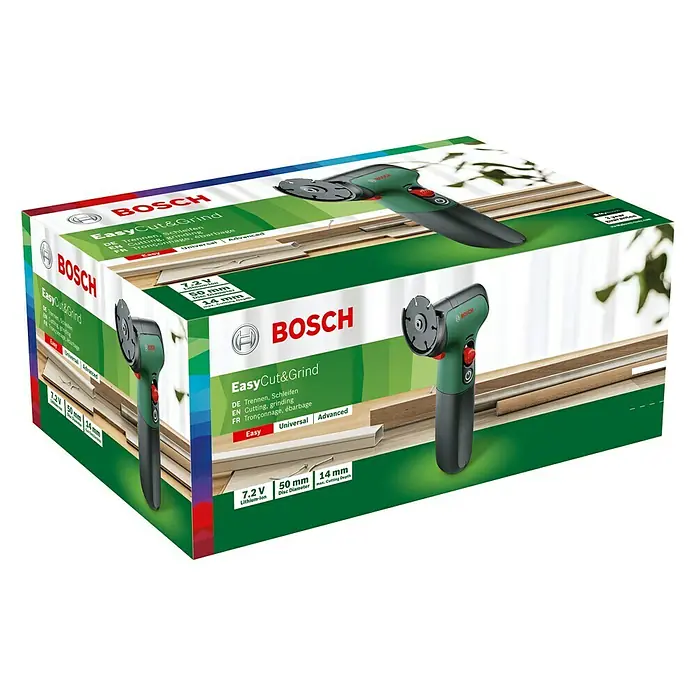 Bosch Akku-Winkelschleifer Easycut&Grind - 7,2 V, 1 Akku - Verpackung der Bosch EasyCut&Grind, einem vielseitigen Werkzeug zum Trennen, Schleifen und mehr.